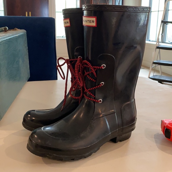 Hunter Black w/ Red Laces 11" H Rain Boots sz 7/8 - Picture 4 of 7